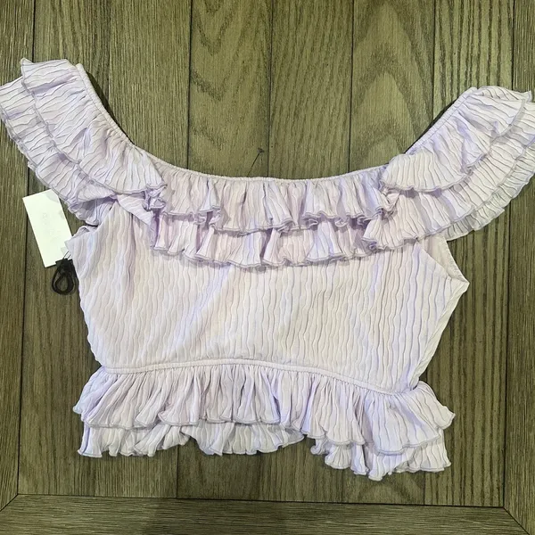Astr The Label Women's Lavender Pintuck Tie Front Crop Top Ruffle L NWT - Image 5