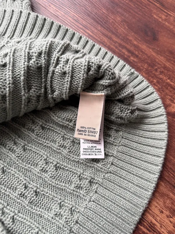 LL Bean Women’s M Sage Green Cotton Cable Knit Sweater Notch V-Neck Pullover - Image 6