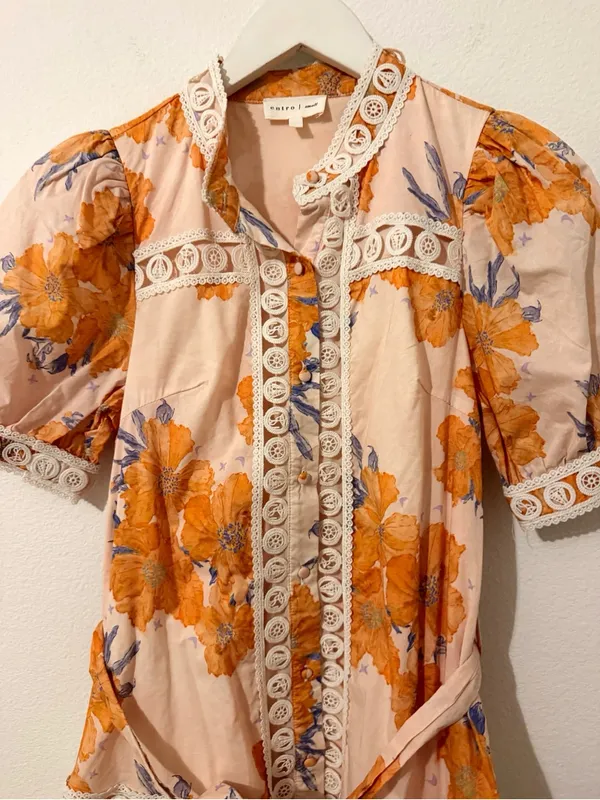 Entro Fall Floral Mini Dress Tie Belt Lace Detail Short Sleeve Size Small S - Image 5