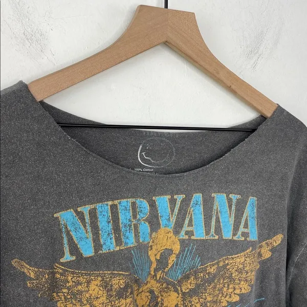 NIRVANA Angel Graphic Tee Gray and Gold size M/L neckline cut out - Image 2