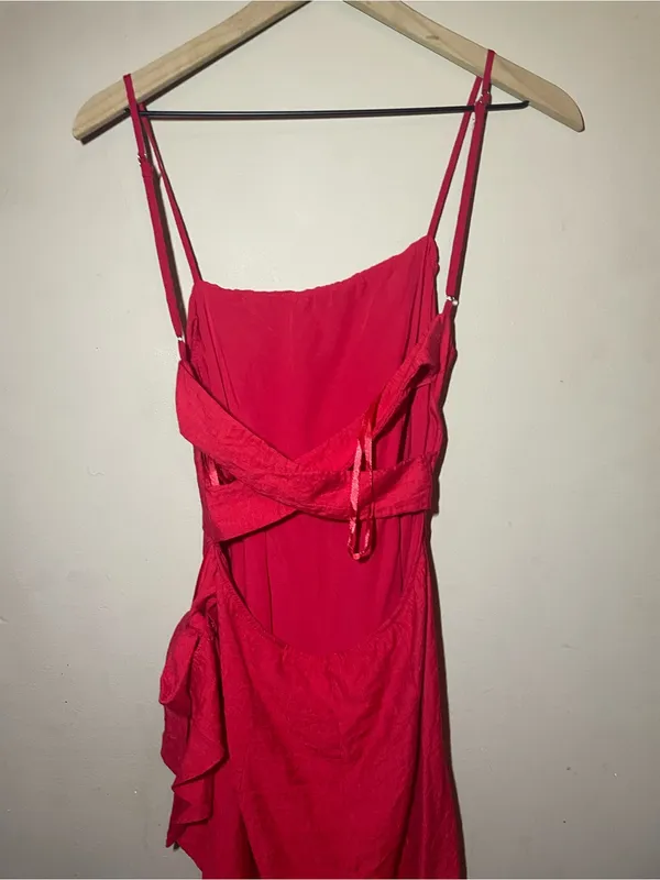 Hello Molly Red Wrap Mini Dress Medium Open Back Ruffle Hem Cocktail Party Date - Image 3