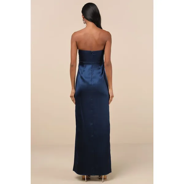 NWT Lulus Memorable Entrance Dark Blue Strapless Satin Maxi Dress Bridesmaid L - Image 3