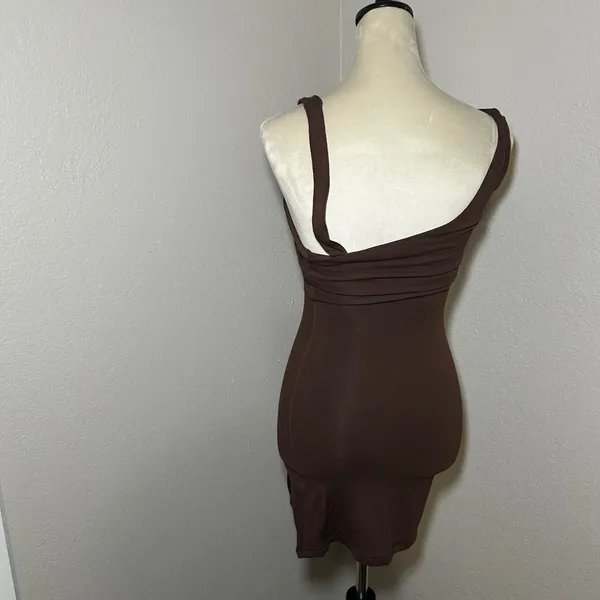 Naked Wardrobe Brown Asymmetrical Bodycon Mini Dress Small party going out - Image 4