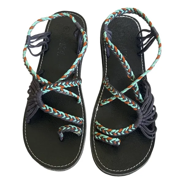 Plaka Palm Leaf Flat Sandals Womens 8 Braided Strappy Turquoise Grey Toe‎ Loop Blue - Image 3