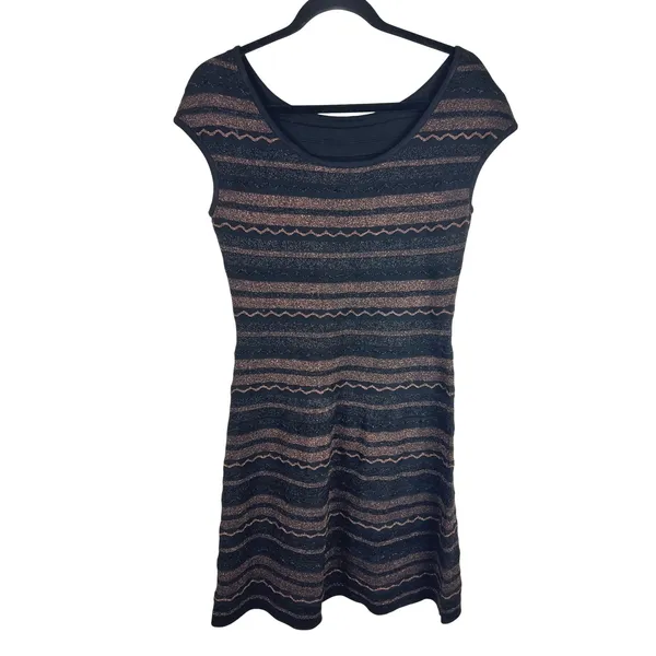 Peruvian Connection Black Gold Metallic Zig Zag Knit Cap Sleeve Mini Dress Small - Image 3
