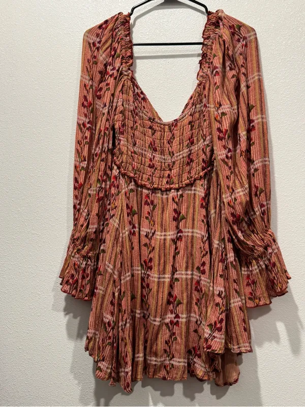 Free People Jackie Mini Dress M Rust Floral Plaid Boho NWOT - Image 14