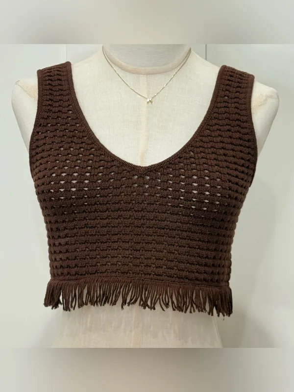 Reformation Lieta Open Knit Top Small Brown Crochet Festival Fringe Chic Fall - Image 4