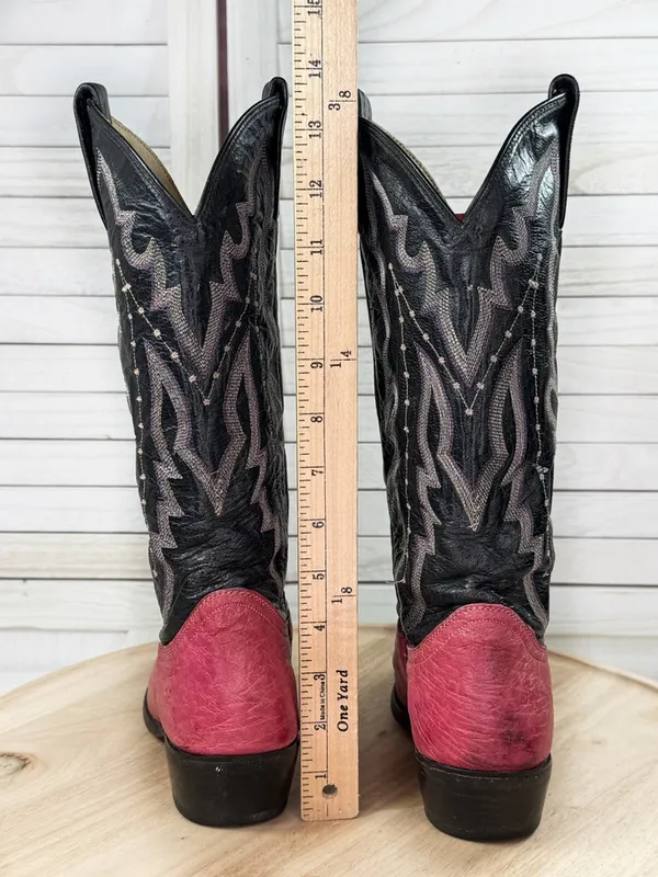 Vintage Dan Post Ostrich Leather Stitched Upper Cowgirl Boots Pink Black‎ 7.5 - Image 8