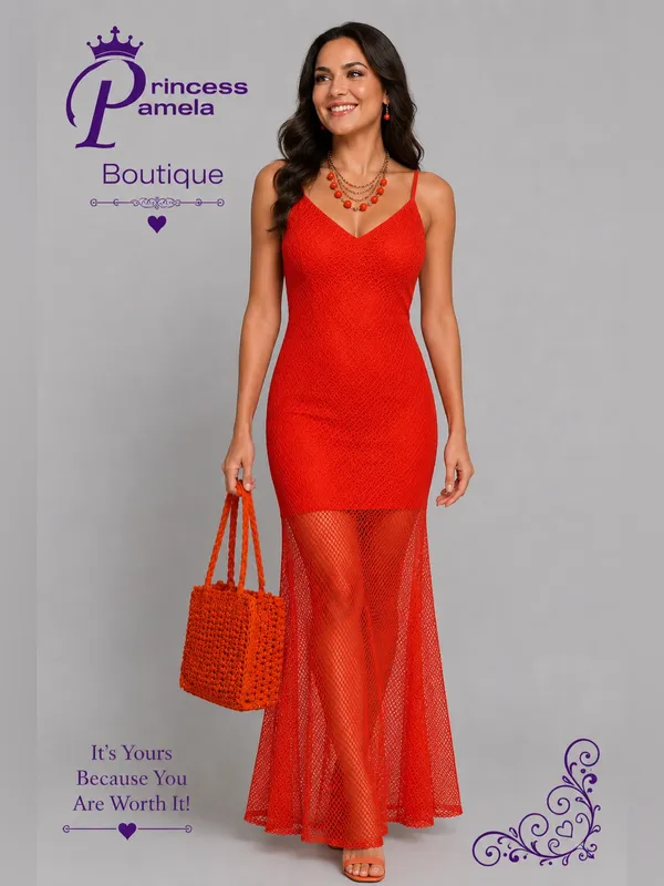 Red Orange Long Mesh Bottom Dress-Small - Image 8