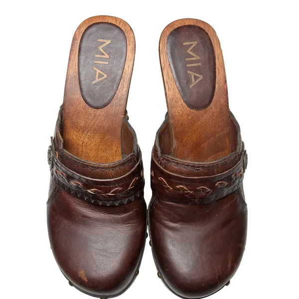 MIA Brown Leather Clogs Womens 7 Braided Studded Wood Platform Boho 70s - Image 11