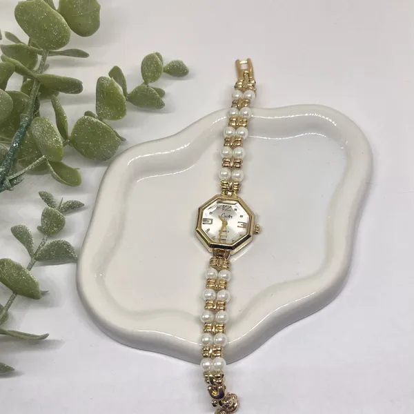 Dainty Gold Tone Pearl Watch - Image 4