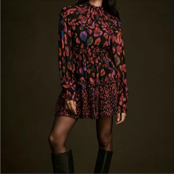 NWT FARM RIO Iridescent Leopard Print Ruffled Mini Dress In Multi‎ Color size XS - Image 3