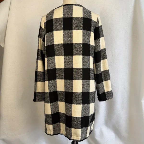 Buffalo Plaid Open Front Cardigan Coat Black‎ White Womens Large Office Preppy - Image 7