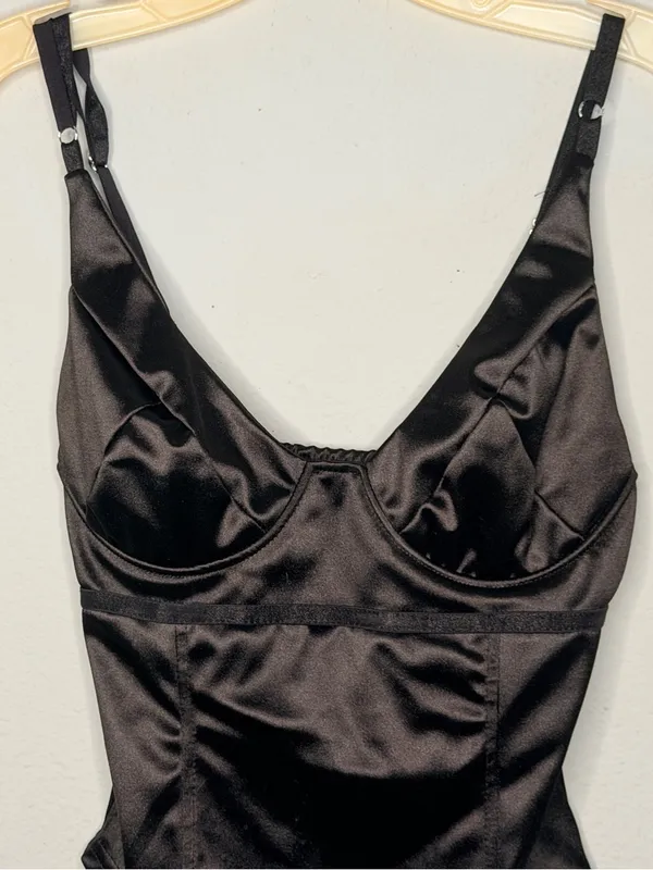 Black Satin Bodysuit with Underwire Cups - Image 2
