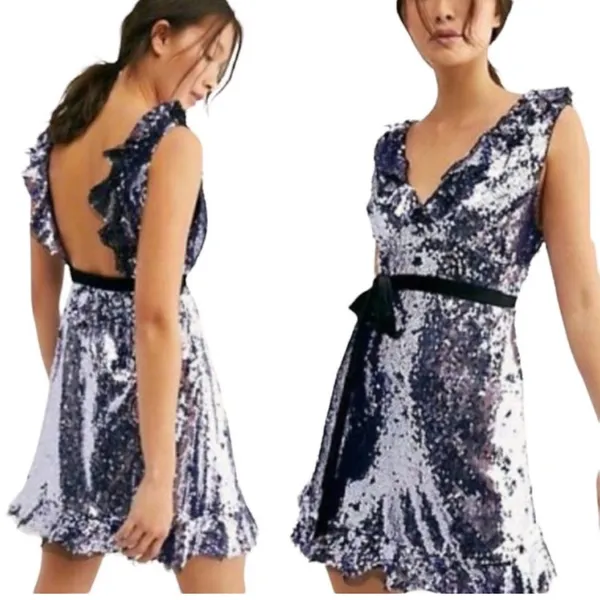 NWT Free People Siren Sequin V-Neck‎ Ruffle Mini Dress Size 8 - Image 3