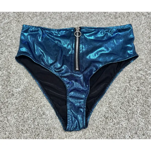 Club Exx Metallic Blue High Waist Bikini Bottom Zip Front Sz M Rave Festival - Image 2
