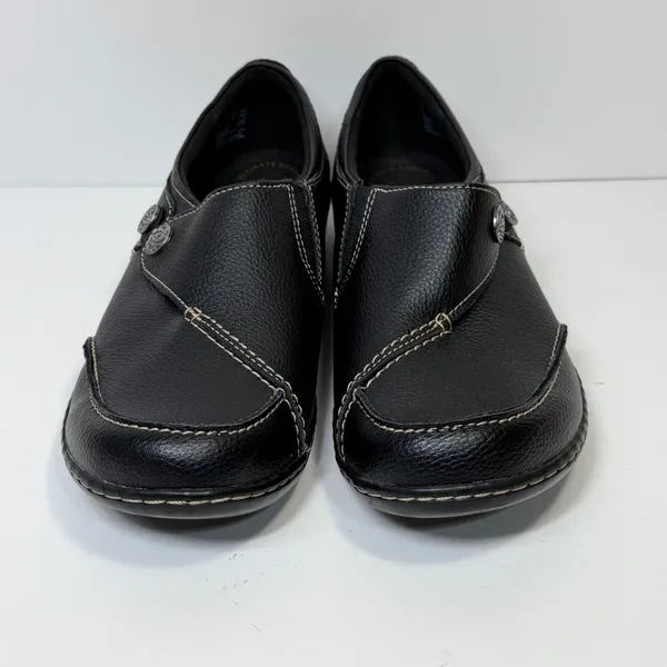 Clarks Shoes Women 8W Cheyn Madi Slip On Black Leather Comfort Casual Office - Image 2