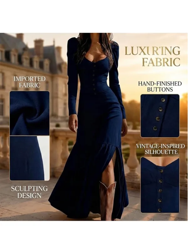 NEW Blue Western Cowgirl Long Sleeve Deep V Neck Boho Vintage Maxi Dress S - Image 2