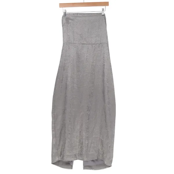 Lulus Silver Metallic Strapless Midi Dress High Low Tulip Hem Size L NWT - Image 2