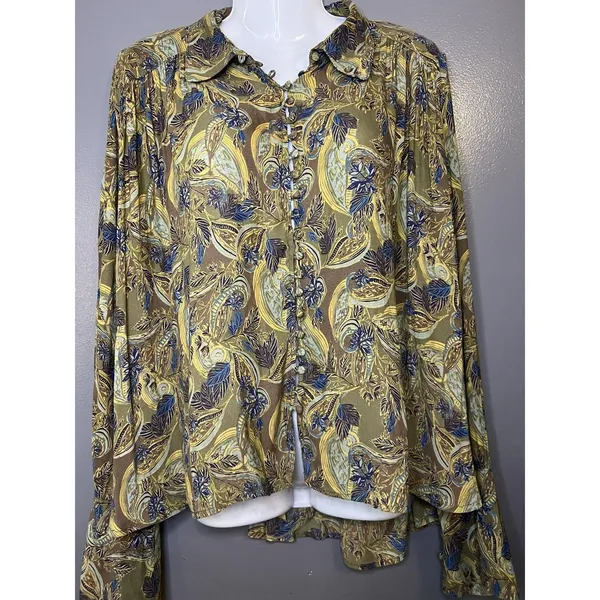 Free People Blouse Womens Medium Multicolor Paisley Balloon Sleeve Tunic Boho - Image 2