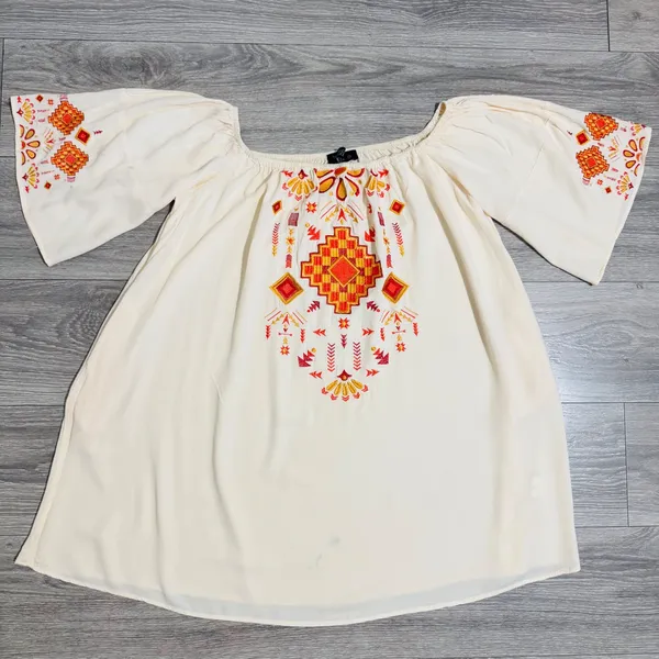 Lucky‎ & Blessed Cream Embroidered Off Shoulder Boho Western Dress Medium DR007 - Image 3