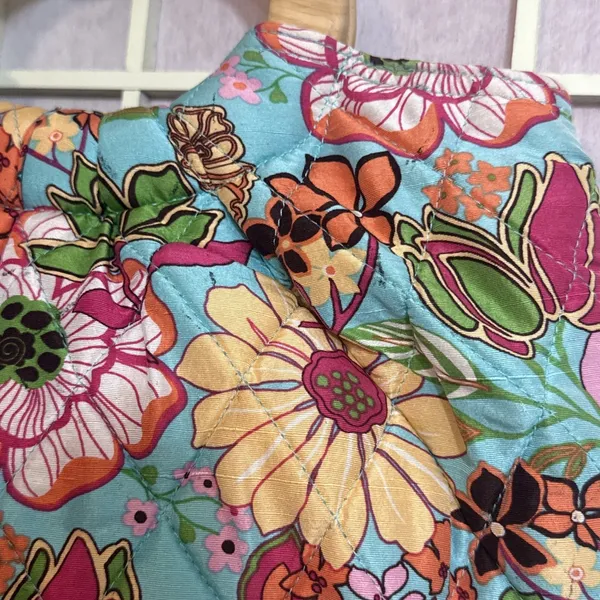 Vtg 2000s Vera Bradley Silk Quilted Floral Handbag Wooden Handles Pink Lining - Image 5