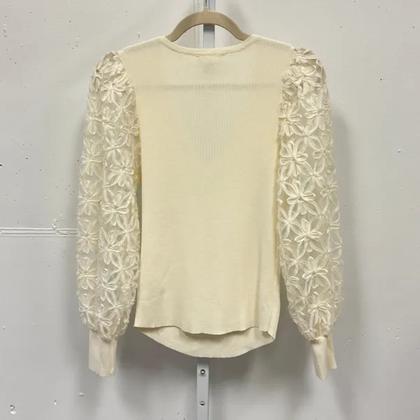 Entro Cream Ribbed V-Neck Sweater‎ Floral Lace Balloon Sleeve Top T19885 Large - Image 2