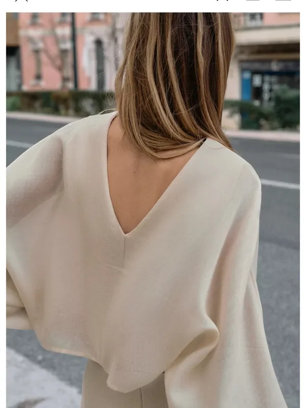 Zara NWT SET Cream V-Neck Balloon Sleeve Top & Skirt - Image 12