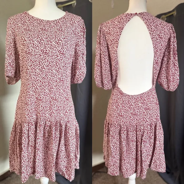 Free People Dancing In The Dark‎ Mini Dress Womens Large Maroon Floral Open Back - Image 2
