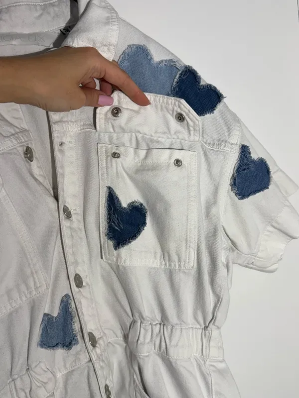 We The Free White Patchwork Denim Shortalls with Light Blue Heart Patch - Image 10