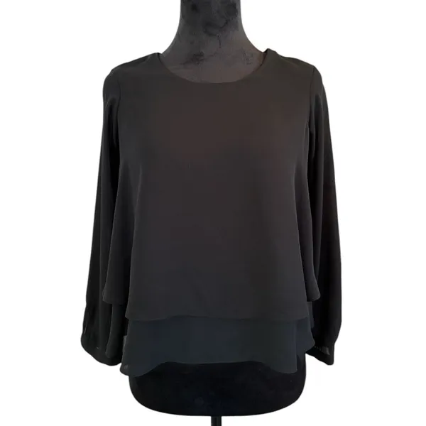 ZARA BASIC Black Tiered Layered Long‎ Sleeve Blouse XS - Image 2