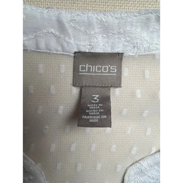 Chicos Sheer Embroidered White 3/4 Sleeve Button Front Pintuck Detail Sz 3 or XL - Image 2