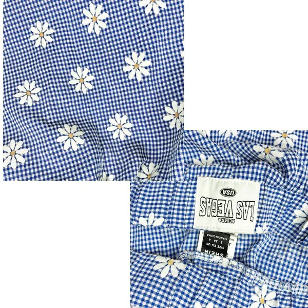 Shein Casual Blue Daisy Floral Gingham Wide Leg Casual Pants - Image 9