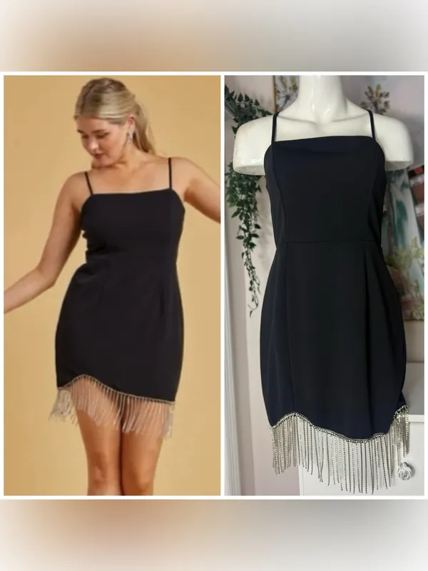Trixxi Black Silver Rhinestone Chain Fringe Mini LBD Dress Size Large - Image 2