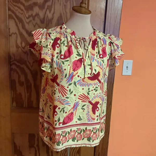 Rachel Roy Boho Parrot Print Flutter Sleeve Blouse Small Colorful Bohemian Top - Image 9