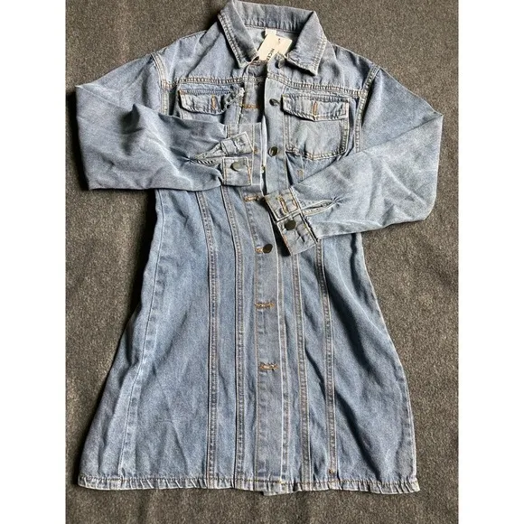 Nicepark Light Wash Denim Mini Dress Button Front Cinched Waist fits xxs NEW‎ - Image 3