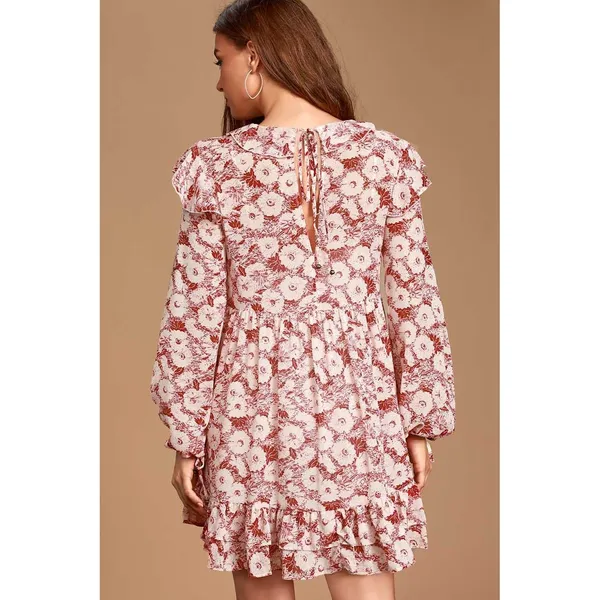Free People Mini Dress These Dreams L Red Tea Floral Pleated Ruffle Cottagecore - Image 4