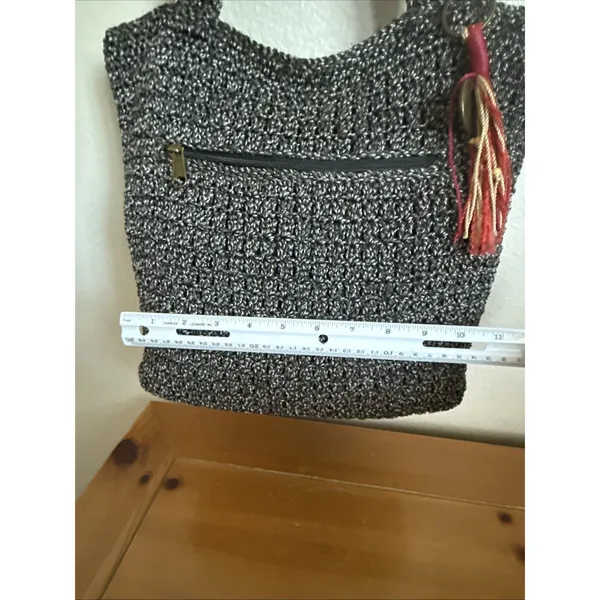 The Sak Lanie Market Tote Purse Crocheted Shoulder Bag Black Brown 14"x12" - Image 6