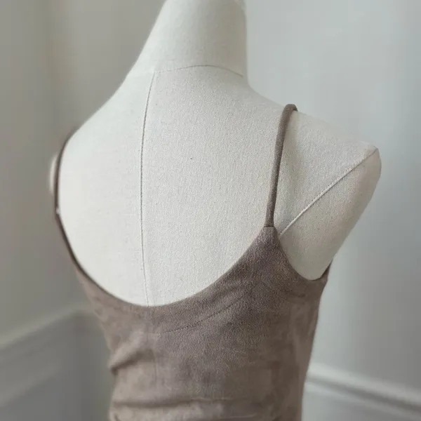 Design Lab Beige Moleskin Sueded Fabric Spaghetti Strap Fringe Slip Dress XS - Image 5