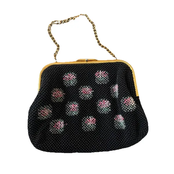 Vintage Corde Bead reversible beaded handbag purse‎ black floral White pattern - Image 4