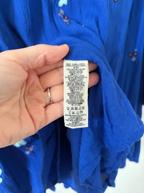 Free People Oxford Embroidered Cobalt Blue Long Sleeve Baby Doll Boho Dress M - Image 4