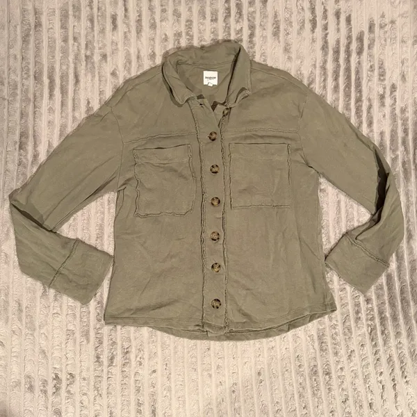 Kensie Jeans Womens Olive Green Utility Button Down Shirt Raw Edge Shacket M - Image 2