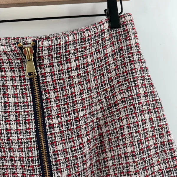 Ronny Kobo Skirt SZ Medium Loretta Tweed Mini Red Navy Gold Front Zip Lined - Image 8