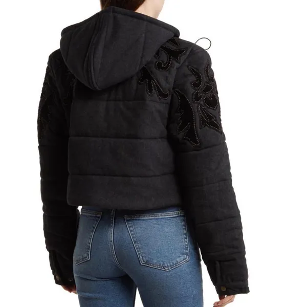Free People RARE Fleur de Lis Black Denim Hoodie Puffer Jacket Medium NEW - Image 4