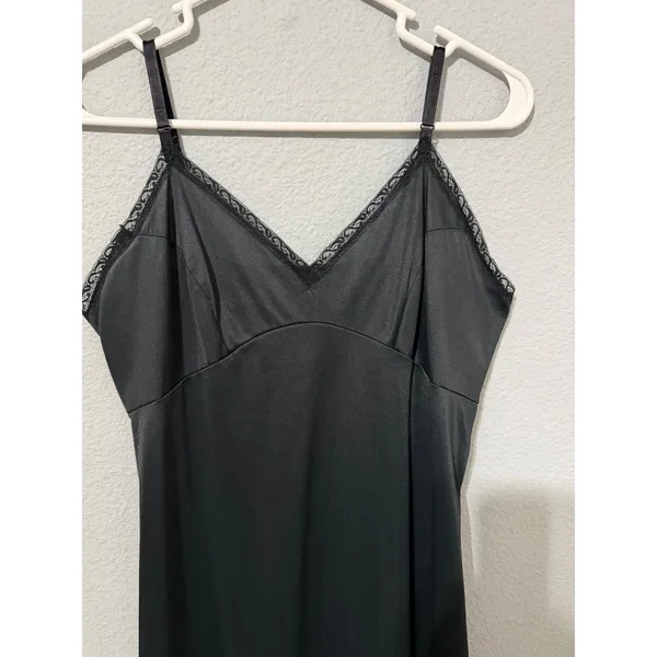 Vintage 90s Black Lace Trim Full Slip Dress S Adjustable Straps Midi Length - Image 10