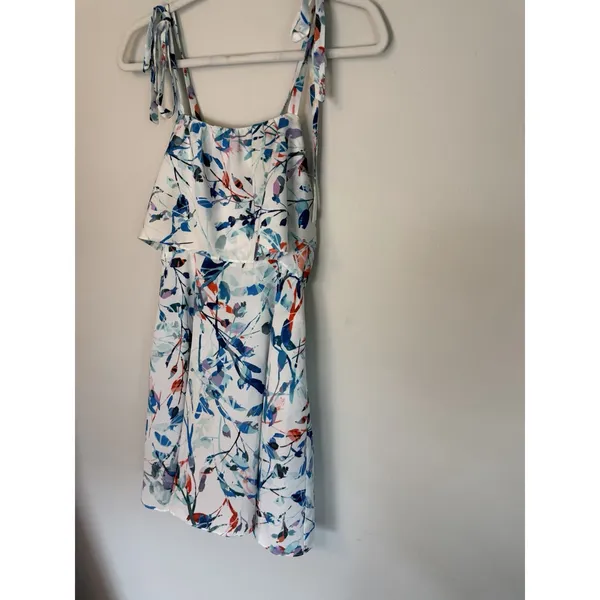 Parker L Nia Dress Blue Multi Flower Pattern Ruffled Front Mini Dress - Image 13