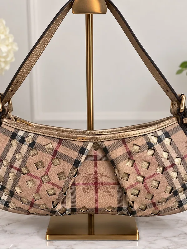 Vintage/Y2K Burberry Haymarket Check Laser-Cut Drawstring Shoulder Bag - Image 2