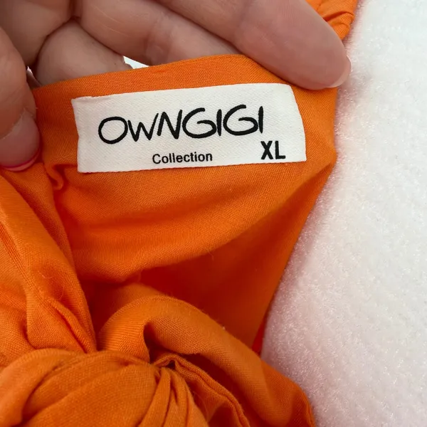 OWNGIGI Mini Dress Women XL Orange Excellent Tiered Puff Sleeve Tie Back Cotton - Image 5