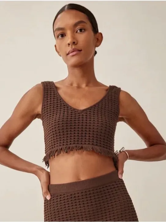 Reformation Lieta Open Knit Top Small Brown Crochet Festival Fringe Chic Fall - Image 2