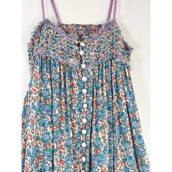 Free People Maxi Dress Blue Molly Jo Floral Button Down Cutout Back Smocked XS - Image 9